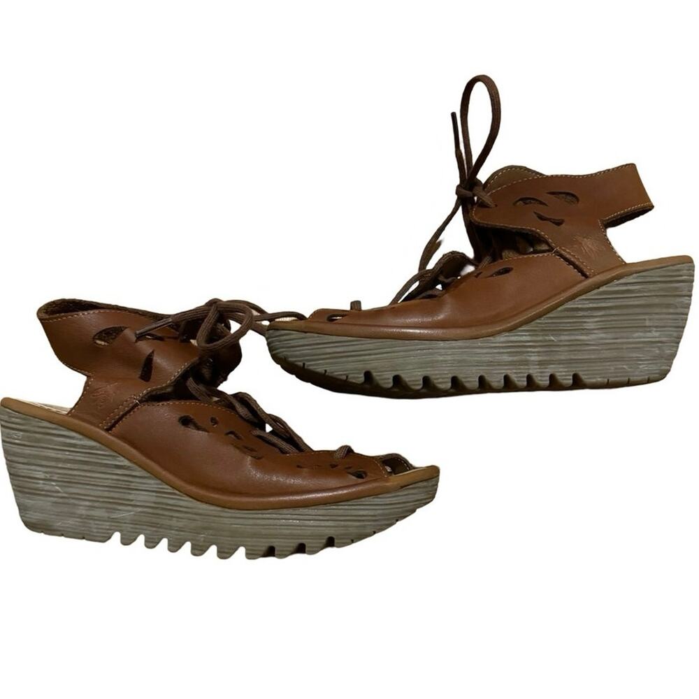 FLY London Women's Leather Lace Up Wedges Yote Brown 36 (5.5-6) shoes sandals - Picture 3 of 7
